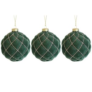 Zöld üveg karácsonyi gömbök Velúr 3db 10cm