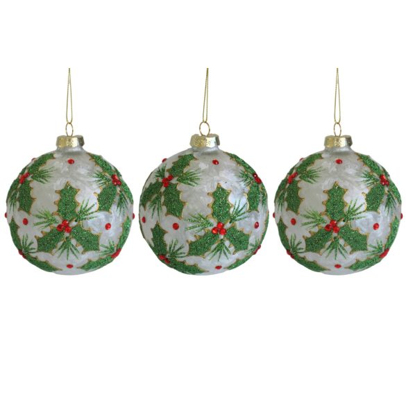 Fehér üveg karácsonyi gömbök Cezmina 3db 10cm