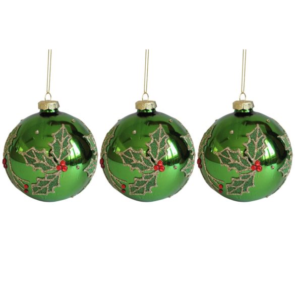Zöld üveg karácsonyi gömbök Cezmina 3db 10cm