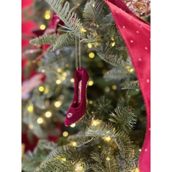 Piros bársony karácsonyi cipellő dísz 8cm