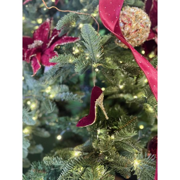 Piros bársony karácsonyi cipellő dísz 8cm