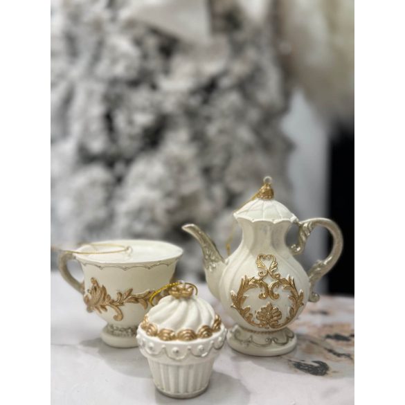Fehér arany karácsonyi dísz teáskanna 10cm