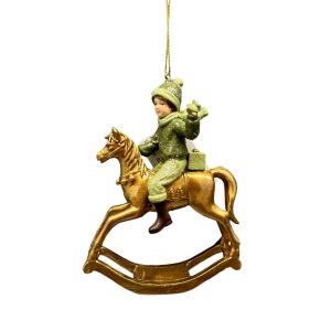 Zöld és arany karácsonyi dísz fiú hintalovon 12cm