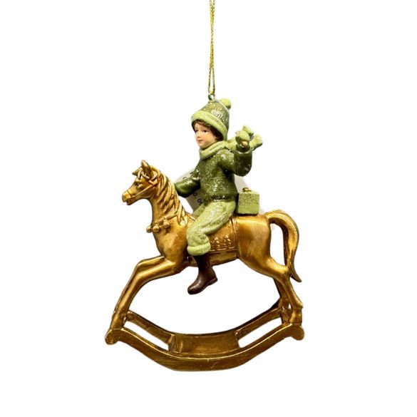 Zöld és arany karácsonyi dísz fiú hintalovon 12cm