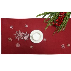 Piros karácsonyi stóla hópelyhekkel 140cm