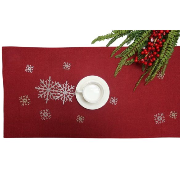 Piros karácsonyi stóla hópelyhekkel 140cm