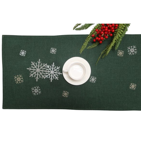 Zöld karácsonyi stóla hópelyhekkel 140cm