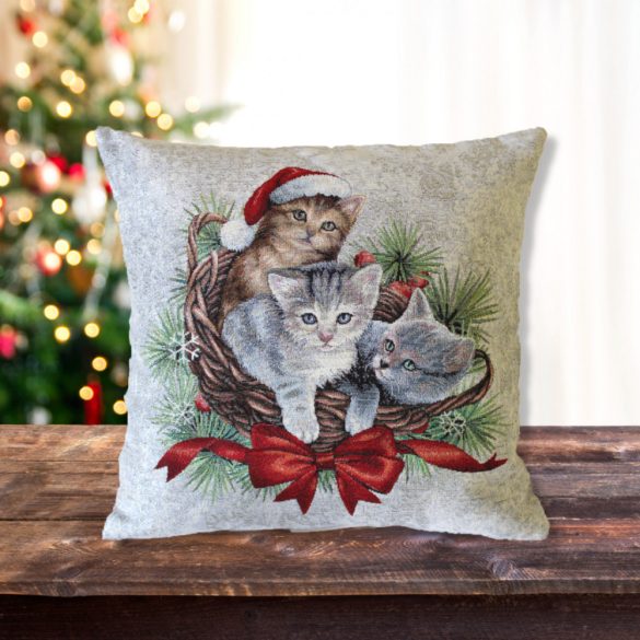 Karácsonyi kiscicák díszpárna huzat,ezüst rulex,45 cm x 45 cm