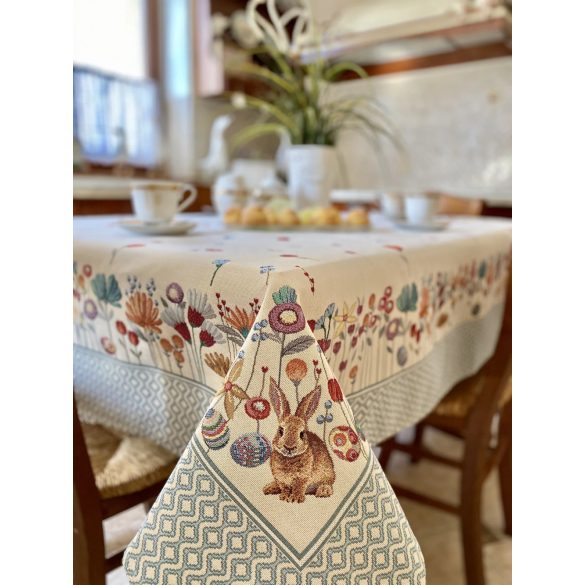 Húsvéti nyuszis,kék szélű terítő, 137 cm x 180 cm