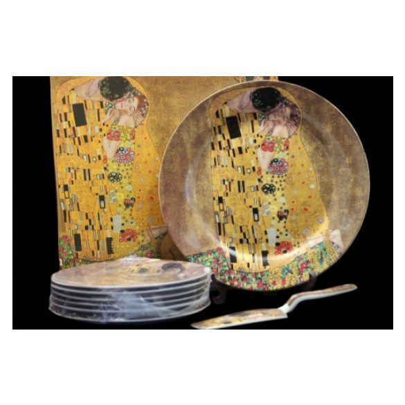 P.P.W4A27-16601 Porcelán süteményes készlet lapáttal 6 személyes,( 27cm,19cm ) Klimt:Kiss