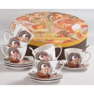 P.P.W3S18-35678 Porceláncsésze+alj 6 személyes,kanállal, 225ml, Mucha:Topáz,fehér