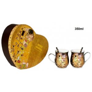 P.P.W8KL393-2-24189 Porcelán bögreszett kanállal,2 db-os,korsó forma,350ml,Klimt: The Kiss