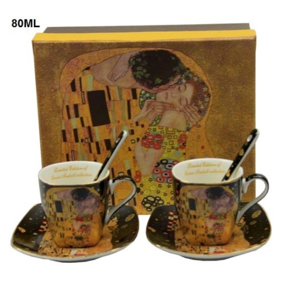 P.P.W9KL306-09091 Porceláncsésze+alj,80ml,kanállal,2 személyes,Klimt: The Kiss