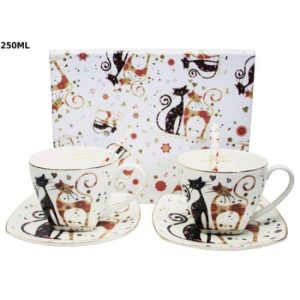 P.P.W20CT160-08908 Porceláncsésze+alj kanállal,2 személyes,250ml,fekete-barna virágos cicás