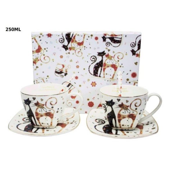 P.P.W20CT160-08908 Porceláncsésze+alj kanállal,2 személyes,250ml,fekete-barna virágos cicás