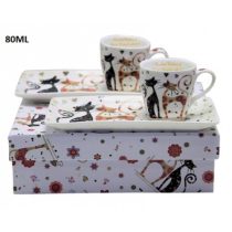   P.P.W22CT163-05934 Porceláncsésze+tálcás alj,2 személyes,80ml,fekete-barna virágos cicás