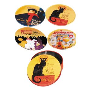 FRI.17936 Poháralátét fém-parafa 4db-os szett fémdobozban Chat Noir