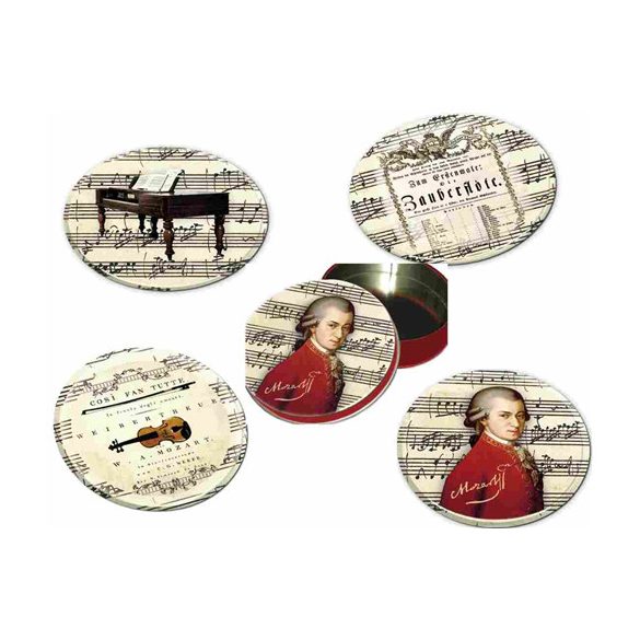 FRI.17946 Poháralátét fém-parafa 4db-os szett dia 9,5cm, fémdobozban,Mozart
