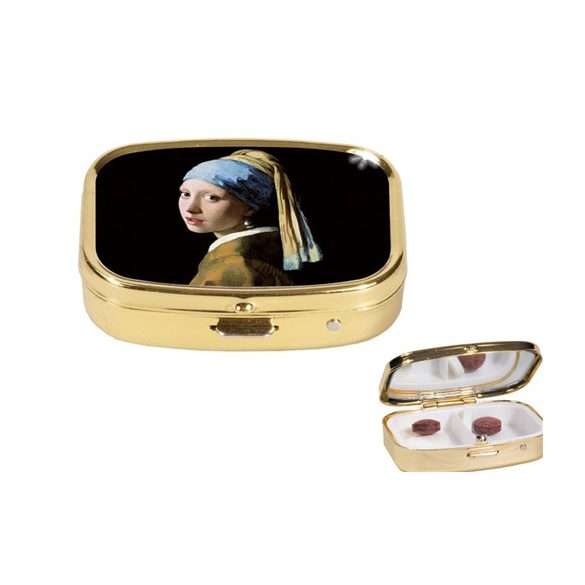 FRI.18193 Gyógyszeres fémdoboz 2 fakkos, 5,1x1,8x3,6cm, Vermer: Lány gyöngy fülbevalóval