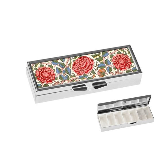 FRI.19977 Gyógyszeres fémdoboz 7 fakkos 10x1,8x3cm, William Morris: Roses