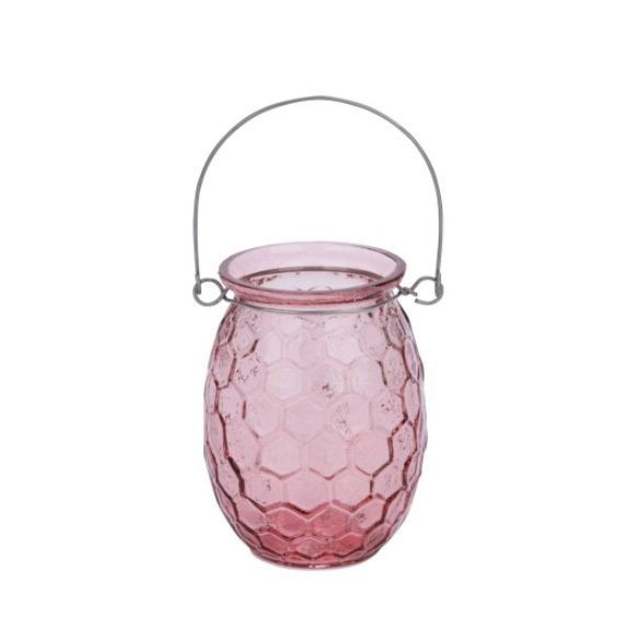 Geh.12205206 Pink üveg mécsestartó méhsejtes, felakasztható, 7,5x7,5x10cm
