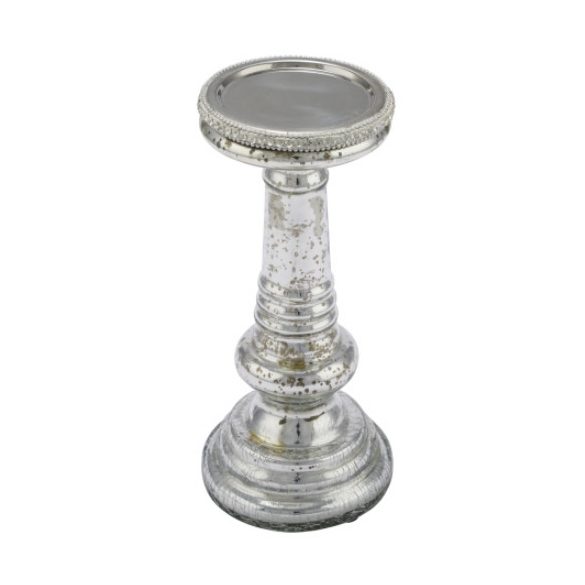 Geh.22302457 Ezüstös üveg gyertyatartó gyöngyökkel, 10,5x10,5x24cm