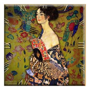 D.I.19-19 Üveg falióra 30x30cm, Klimt: Hölgy legyezővel(Pávás nő)