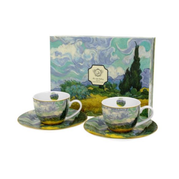 D.G.35926 Porceláncsésze+alj, 110ml, 2 személyes, dobozban, Van Gogh: Búzaföld Ciprusokkal