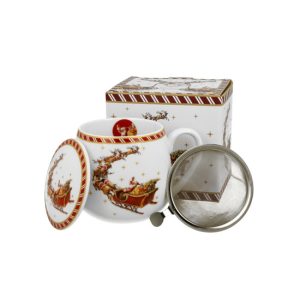 D.G.36374 Porcelánbögre tetővel, fémszűrővel, 430ml, dobozban, Santa on Sleigh