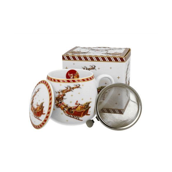 D.G.36374 Porcelánbögre tetővel, fémszűrővel, 430ml, dobozban, Santa on Sleigh