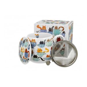 D.G.44034 Porcelánbögre tetővel,fémszűrővel,430ml,dobozban, Teacup Cats