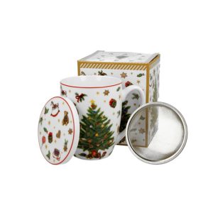 D.G.51384 Porcelánbögre tetővel, fémszűrővel, 360ml, dobozban, Christmas Tree