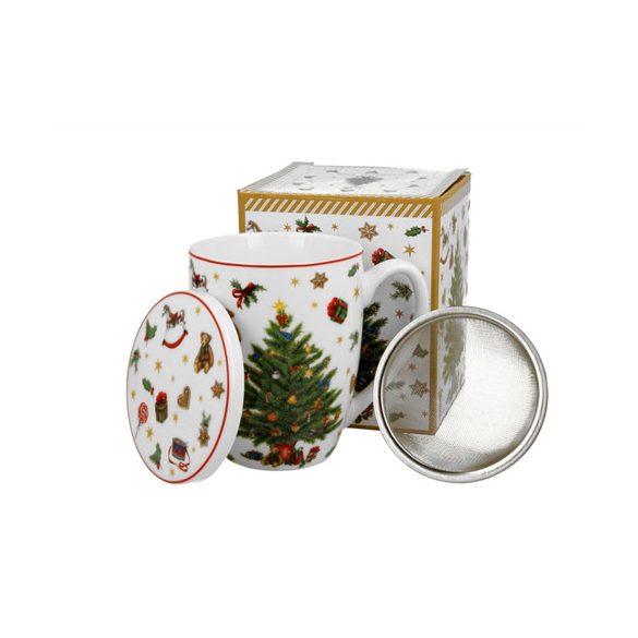 D.G.51384 Porcelánbögre tetővel, fémszűrővel, 360ml, dobozban, Christmas Tree