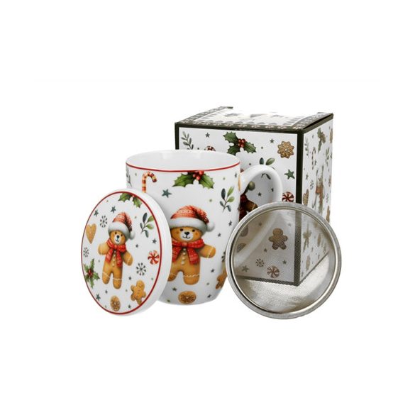 D.G.51025 Porcelánbögre tetővel, fémszűrővel, 360ml, dobozban, Christmas Cuties