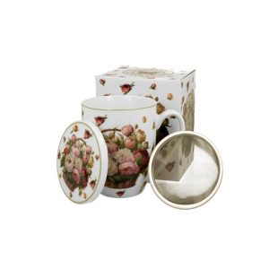 D.G.53692 Porcelánbögre tetővel, fémszűrővel, 360ml, dobozban, Peonies