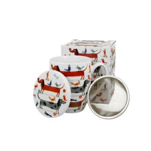 D.G.53968 Porcelánbögre tetővel, fémszűrővel, 360ml, dobozban, Long Dogs