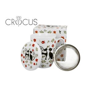 D.G.64292 Porcelánbögre tetővel, fémszűrővel, 430ml, dobozban, Ethno Cats
