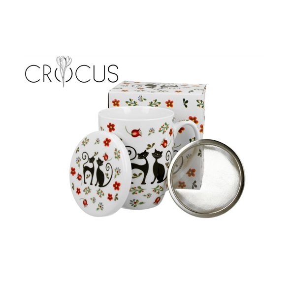 D.G.64292 Porcelánbögre tetővel, fémszűrővel, 430ml, dobozban, Ethno Cats