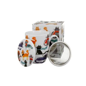 D.G.66654 Porcelánbögre tetővel, fémszűrővel, 360ml, dobozban, Stylish Cats