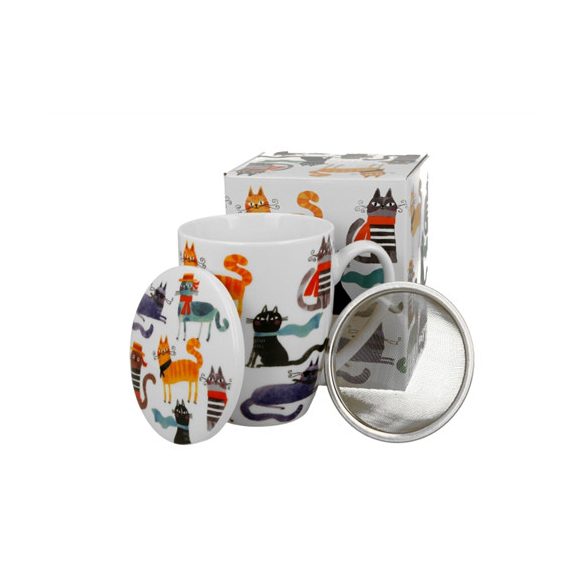 D.G.66654 Porcelánbögre tetővel, fémszűrővel, 360ml, dobozban, Stylish Cats