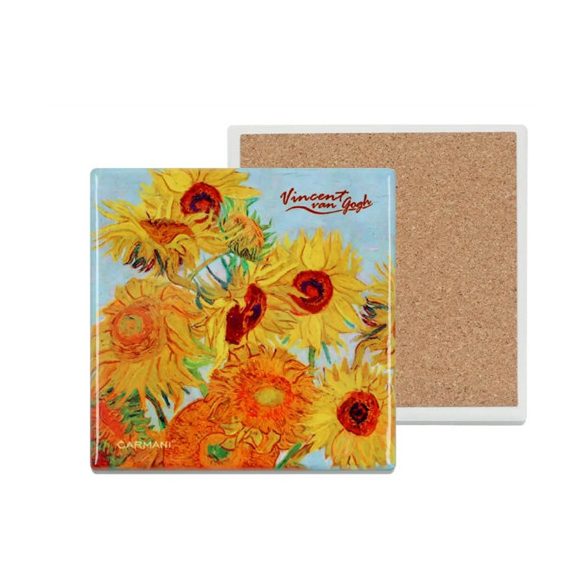H.C.008-2050A Kerámia alátét, alján parafa bevonattal, 10,8x10,8cm, Van Gogh: Napraforgók