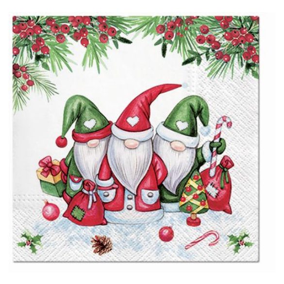 P.W.SDL230500 Christmas Gnomes papírszalvéta 33x33cm,20db-os