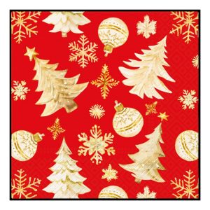 P.W.SDL238903 Golden Christmas Trees red papírszalvéta 33x33cm,20db-os