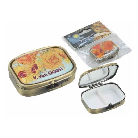 H.C.181-8326 Gyógyszeres fémdoboz műanyag osztott belsővel, tükörrel, 5,5x4x1,5cm,Van Gogh: Napraforgók