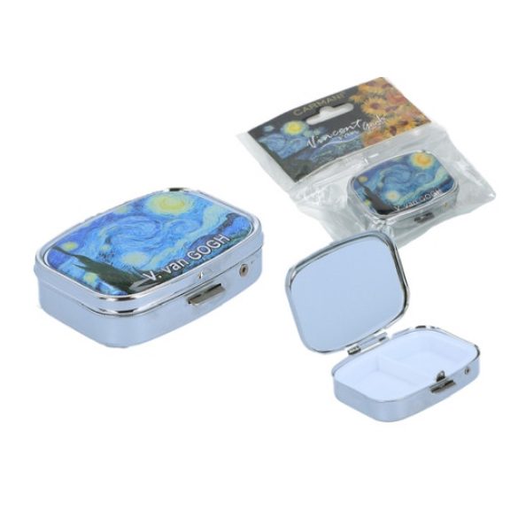 H.C.181-8121 Gyógyszeres fémdoboz műanyag osztott belsővel,tükörrel 5,5x4x1,5cm,Van Gogh:Csillagos éj