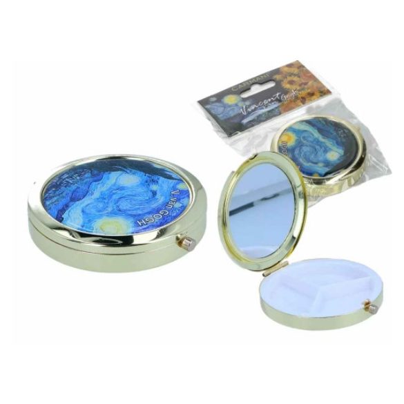 H.C.181-8211 Gyógyszeres fémdoboz 3 fakkos műanyag belsővel,tükörrel 7x7x1,5cm,Van Gogh:Csillagos éj