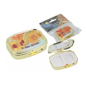 H.C.181-8226 Gyógyszeres fémdoboz osztott műanyag belsővel,tükörrel 5,5x4x1,5cm,Van Gogh:Napraforgók