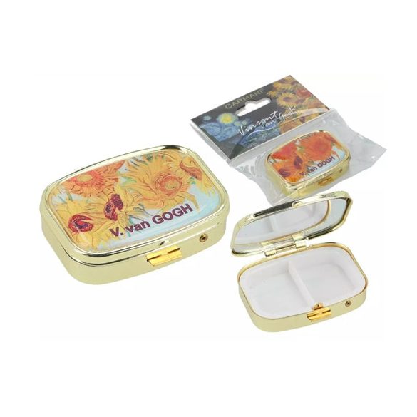 H.C.181-8226 Gyógyszeres fémdoboz osztott műanyag belsővel,tükörrel 5,5x4x1,5cm,Van Gogh:Napraforgók