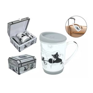 H.C.017-6002 Porcelán utazóbögre 320ml, kartonládikában lakattal, fekete macska, London