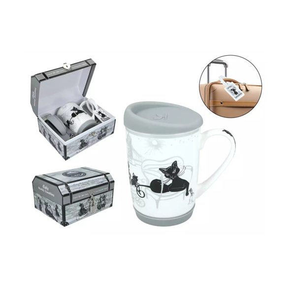 H.C.017-6002 Porcelán utazóbögre 320ml, kartonládikában lakattal, fekete macska, London